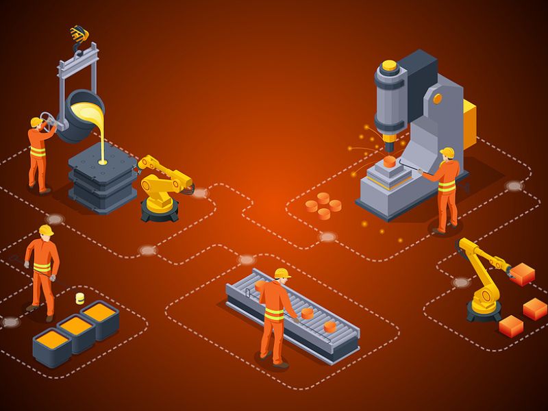 Technology in Manufacturing cartoon. small men in orange workers uniforms working at machines and a conveyor belt.