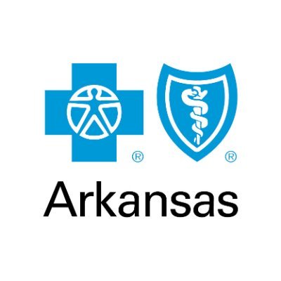 Arkansas Blue Cross Blue Shield Logo: A blue cross with a person stretched out in a circle in the center and a blue shield with the caduceus in the center.