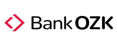 Bank OZK Logo: A small red diamond outline before the company name.