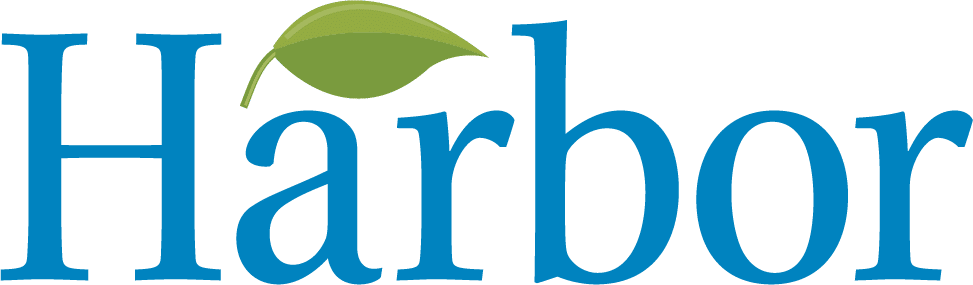 Harbor Logo: Blue letters with a small green leaf over the "ar."