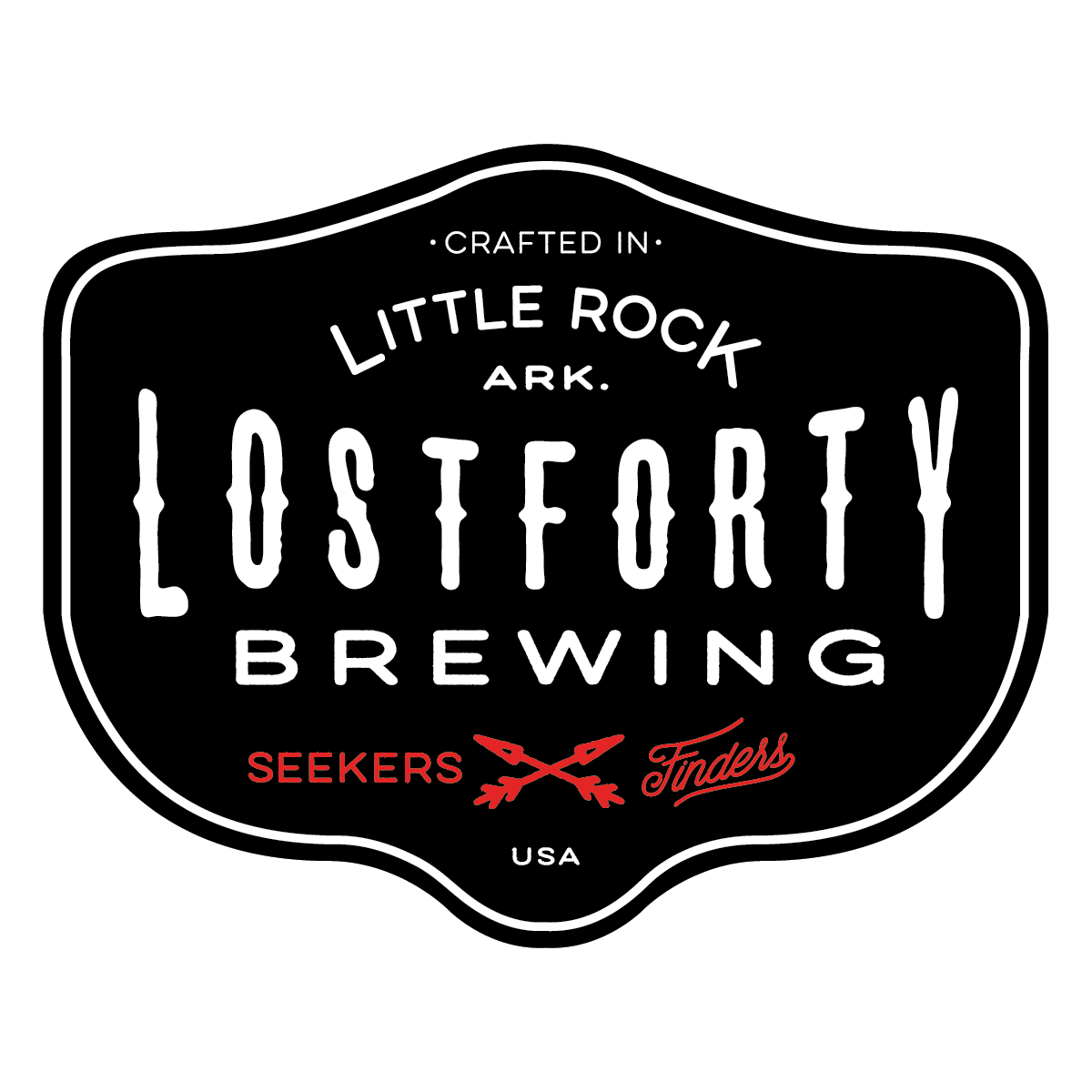 Lost Forty Brewing Logo: A black shield that says "Crafted in Little Rock ARK. LOSTFORTY Brewing.