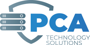 PCA Technology Solutions Logo: Blue letters with a gray shield partly enclosing the P and three lines protruding from the opposite side of the shield.
