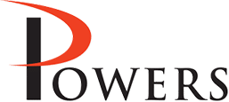 The Powers Logo: The word "Powers" with a red swoop for the P.