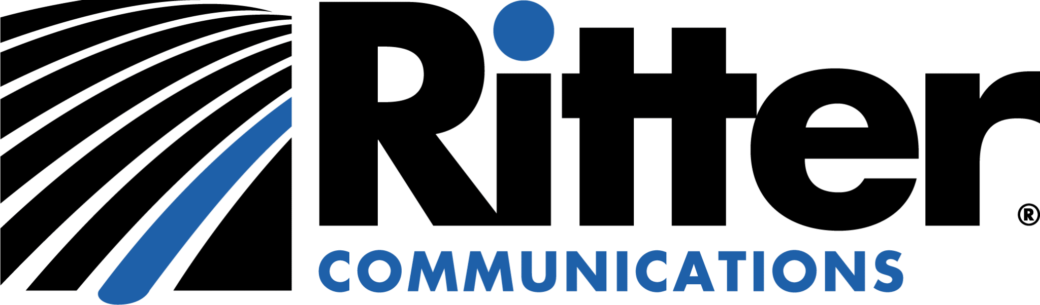 Ritter Communications Logo: A block of black slightly arching lines and one blue line beside the name of the company.