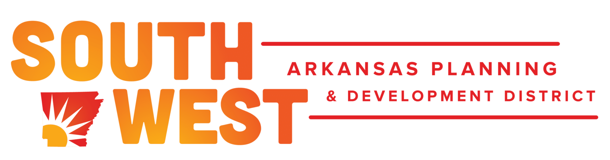 Southwest Arkansas Planning & Development District Logo. The letters are a gradient of orange to red and a small Arkansas icon with a sun inside of it is to the left of the words.