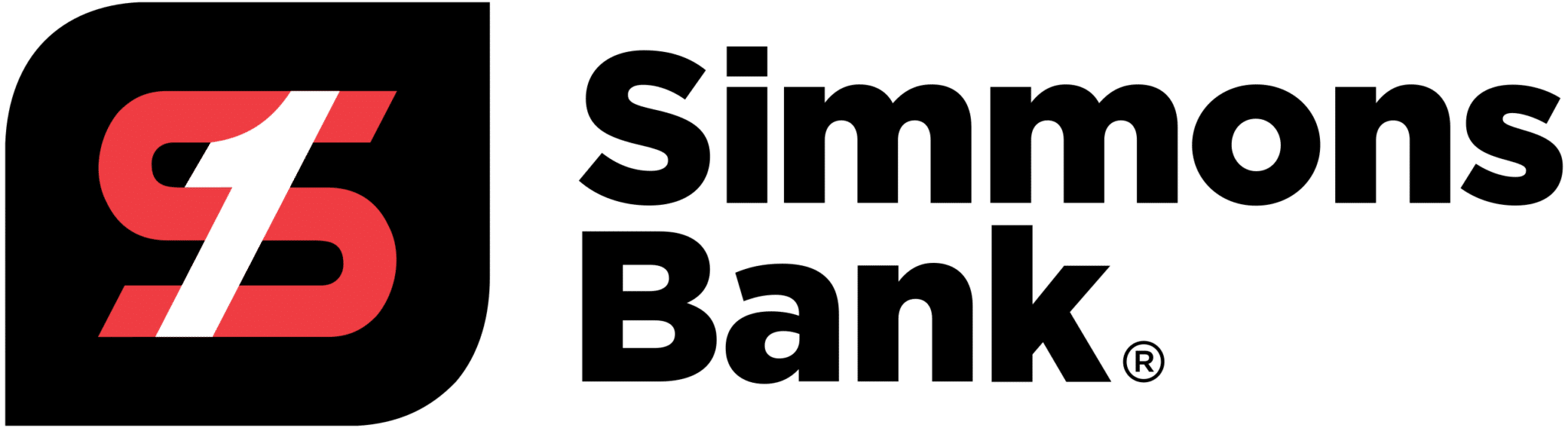 Simmons Bank Logo: A red S with a 1 in the middle of it on a black background.