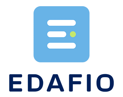 Edafio Logo: A blue box with three horizontal white lines. The middle one is shorter than the others with a green dot at the end.