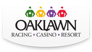 Oaklawn Racing Casino Resort Logo: Four jockeys sit on top of the words. Green, yellow, purple and red with card symbols inside: spade, heart,, diamond, and club.