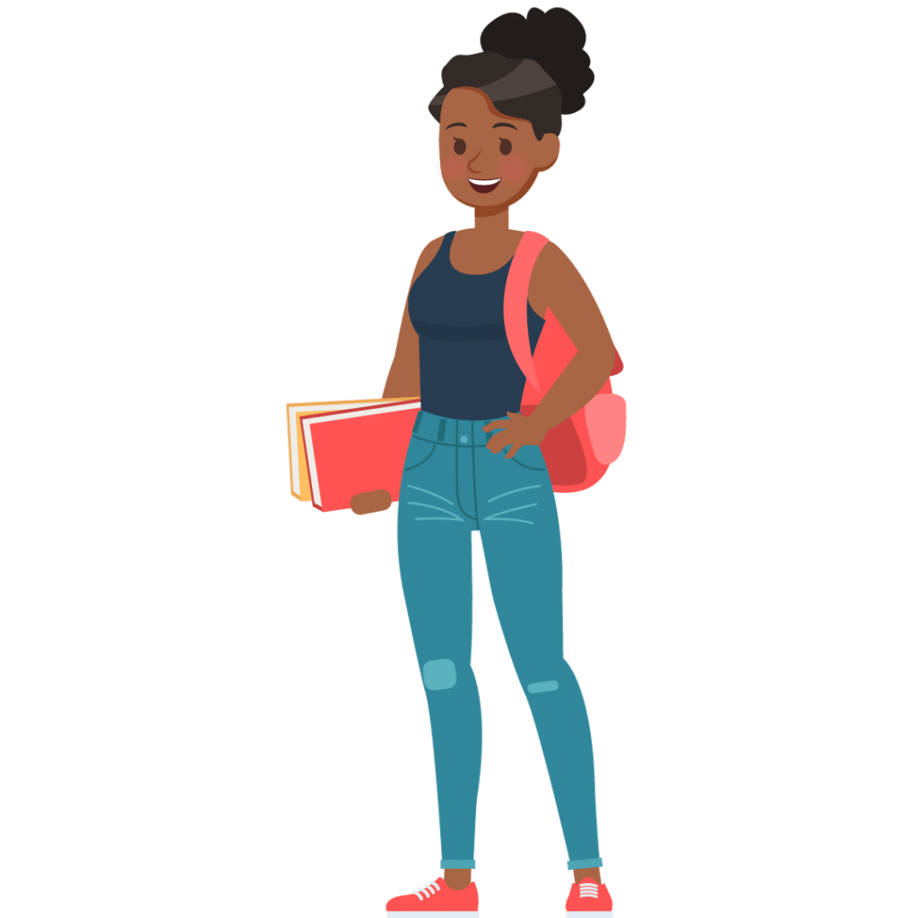 A cartoon girl with her black hair in a bun wearing a tank top, carrying books and a pink backpack.