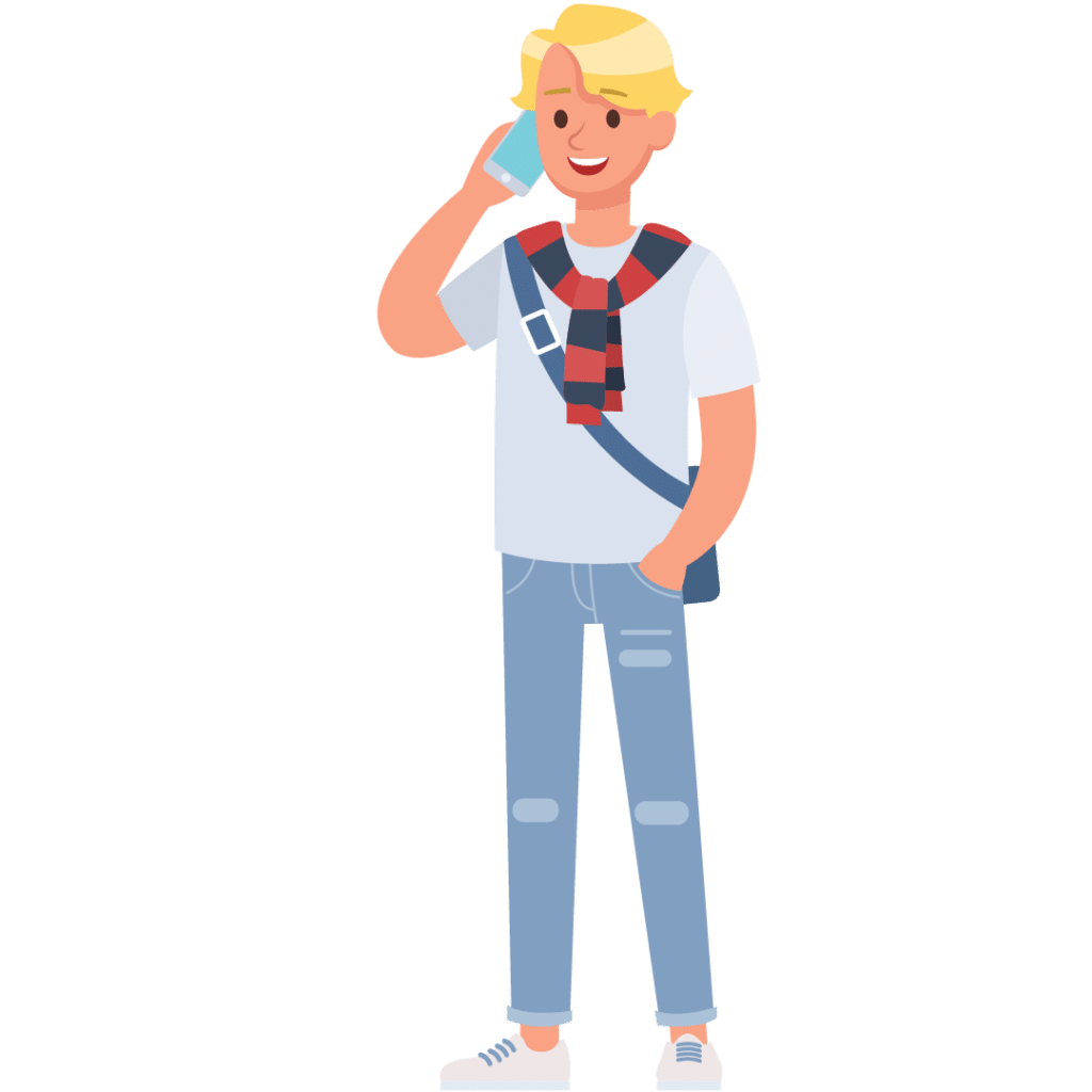 A cartoon blonde man wearing jeans and a red and blue striped sweater tied around his neck.