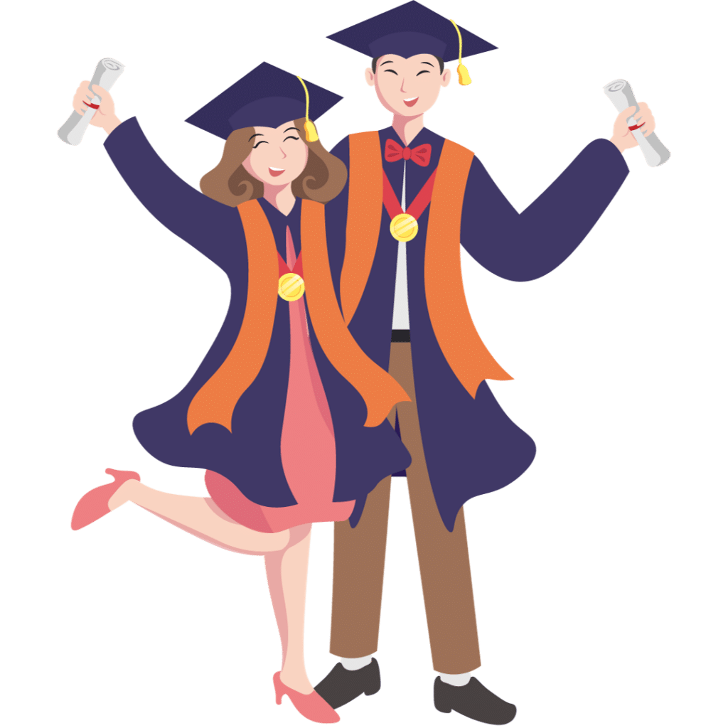 A cartoon couple wearing graduation gowns and caps.