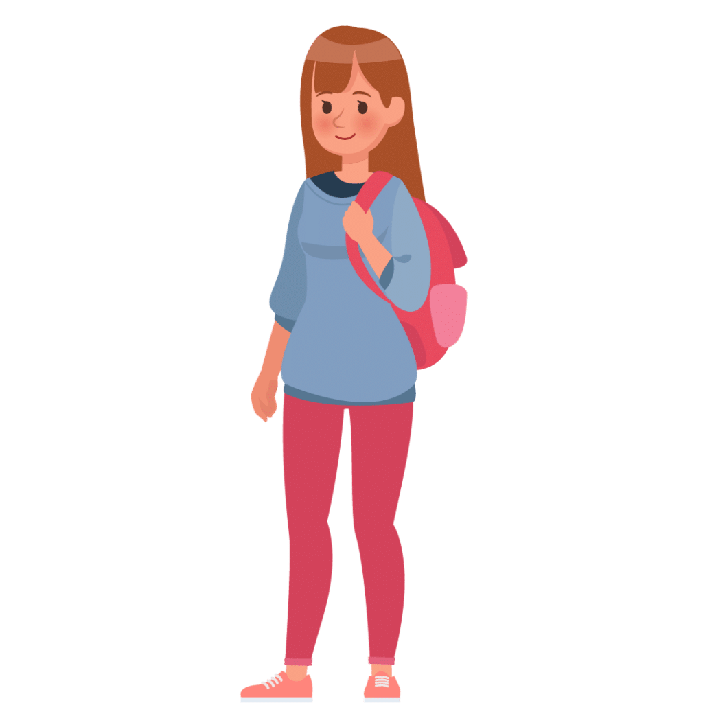 A cartoon girl with a blue sweatshirt pink pants and a pink backpack.