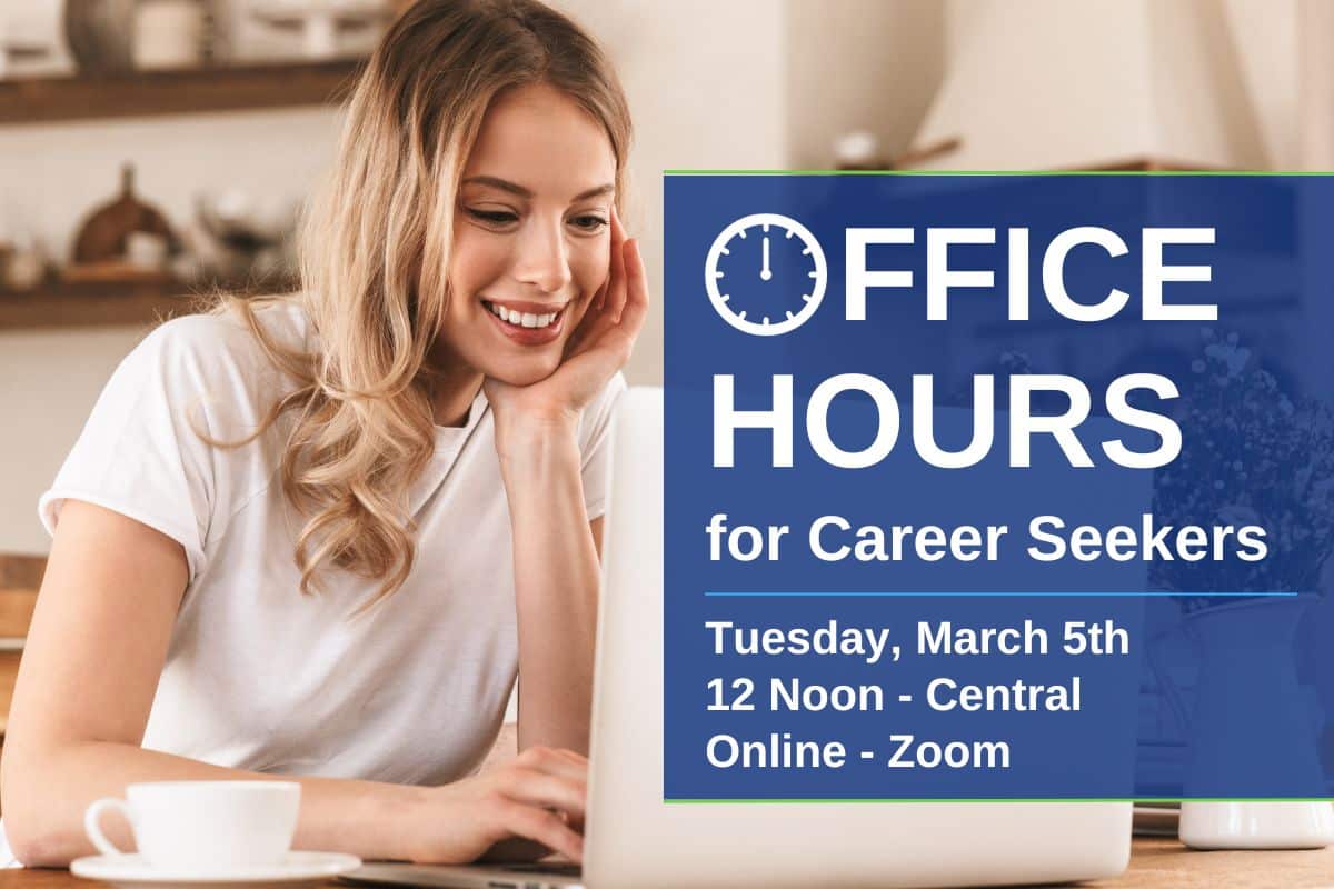 Office Hours for Career Seekers Zoom meeting announcement with a blonde woman on her laptop in the background.