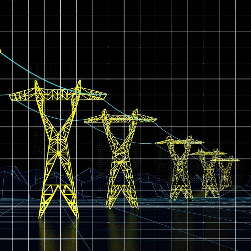 A grid showing neon yellow power line structures.