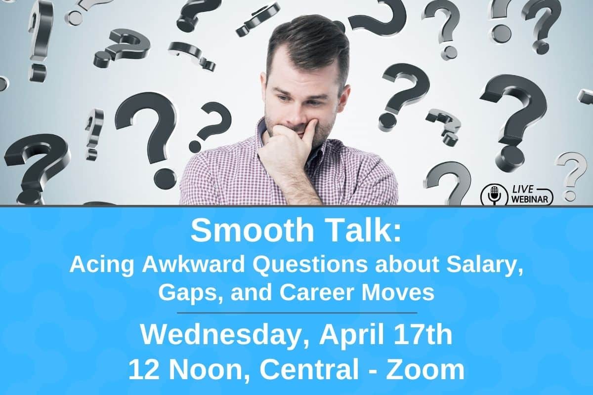A webinar announcement for Smooth Talk. The cover shows a man with a hand on his chin and the background is a bunch of floating silver question marks.