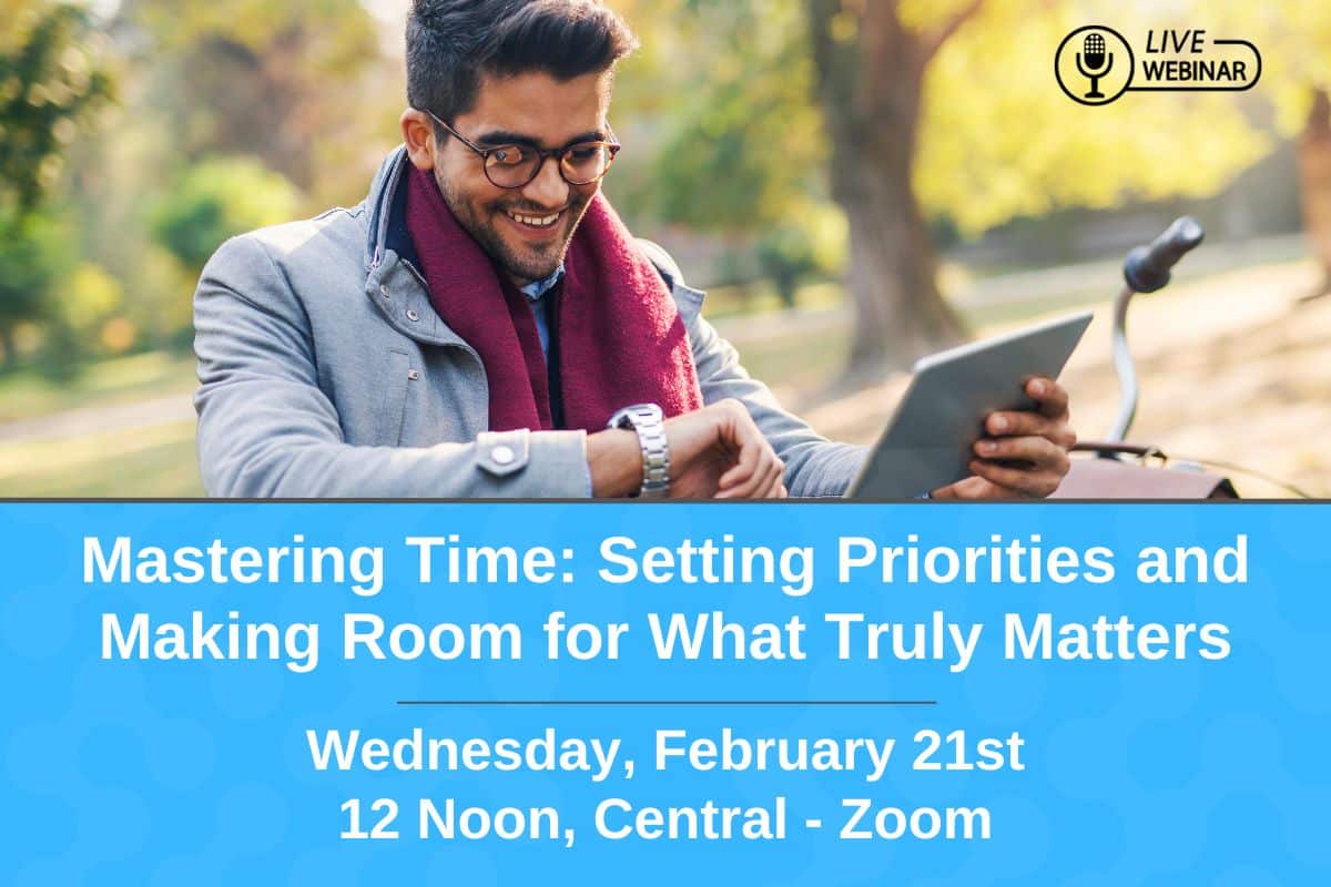 A Mastering Time Management webinar announcement. A man wearing a gray coat and red scarf checks his watch and holds a tablet on the announcement.