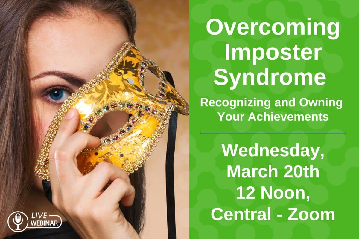 An Overcoming Imposter Syndrome event poster. A woman is holding up a gold, gilded half-face mask.