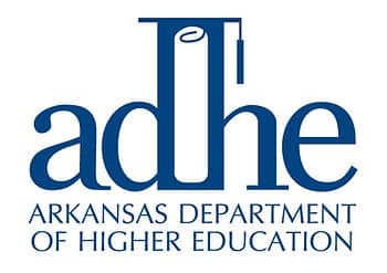 The logo for the Arkansas Department of Higher Education. The logo is a navy blue "adhe" with a diploma wearing a graduation cap in between the 'd' an 'h.'