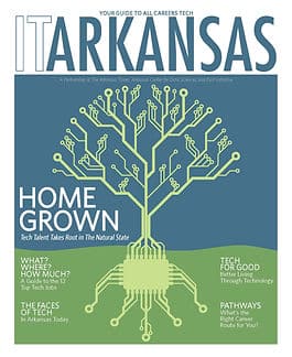 The cover of IT Arkansas magazine. It is a Home Grown edition with a tree made of tech looking strands on the front.