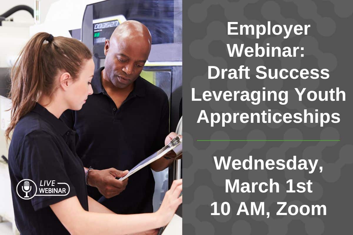 An Employer Webinar poster. The right half is a gray background with white words and the left half is a black man and white woman in black polos looking at a clipboard.