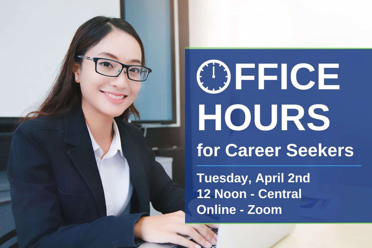 A poster for "Office Hours for Career Seekers" in blue text. A woman in a black blazer working on her laptop sits to the left of the block of words.