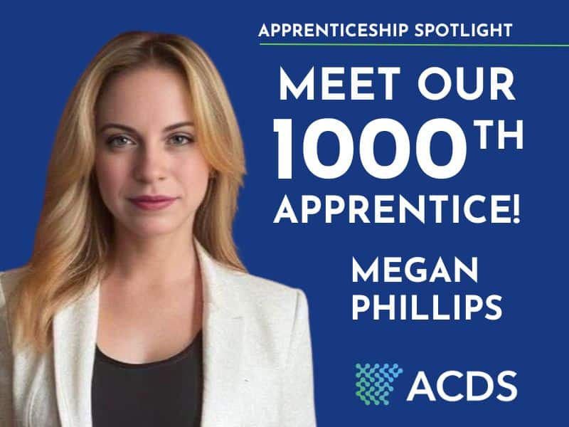 An Apprenticeship spotlight on the 100th apprentice, Megan Phillips. A blonde woman wearing a white blazer and black shirt is on the left side of the announcement