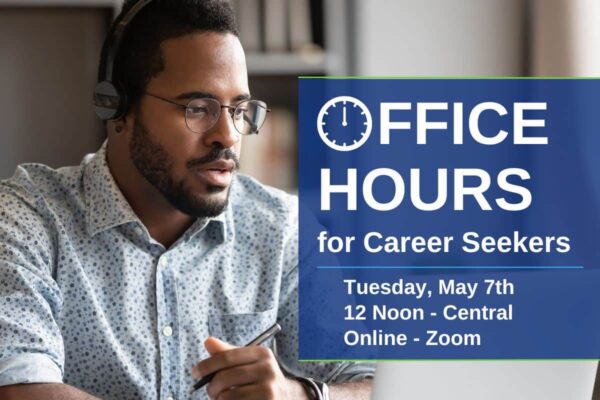 A black man in a white and blue polkadot shirt holds a pen and looks at his laptop. The image says "Office Hours for Career Seekers."