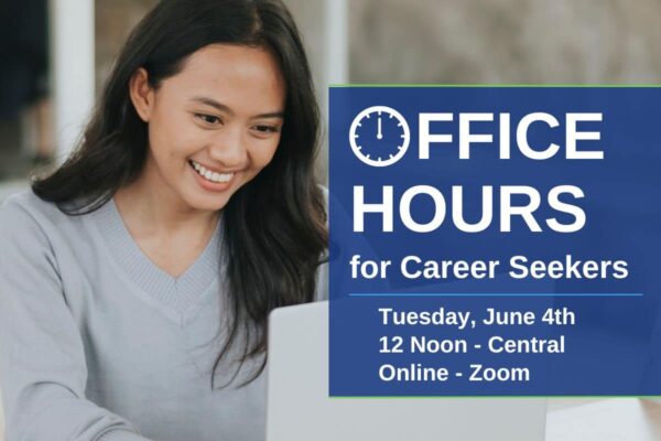 A poster for "Office Hours for Career Seekers" in blue text. A woman with black hair wearing a gray sweater and looking at her laptop is in the background.