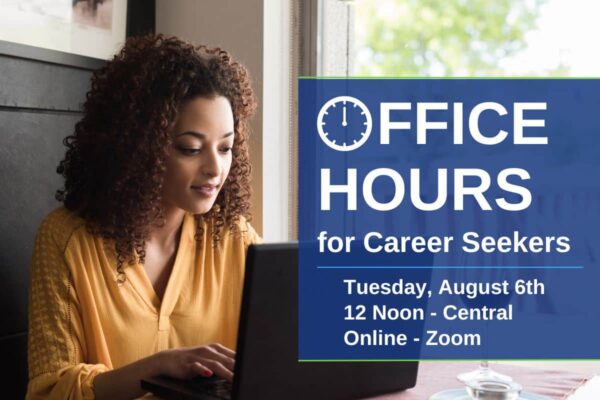 A poster for "Office Hours for Career Seekers" in blue text. A black woman in an orange blouse sits in a booth on her laptop in the background.