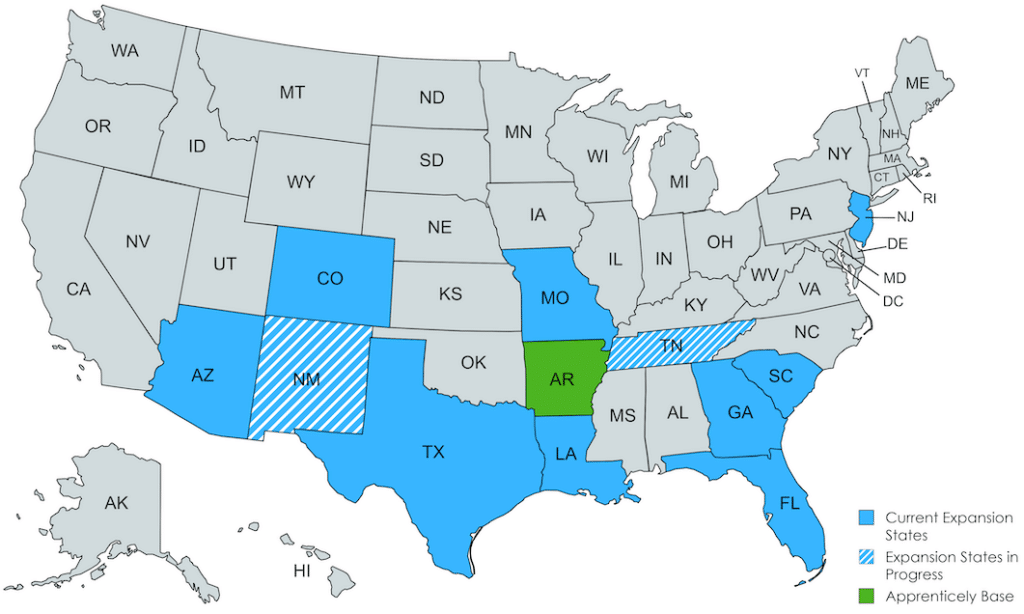 A map with certain southern and midwest states highlighted in blue. Tennessee and New Mexico are filled with blue and white stripes and Arkansas is green. The map depicts the expansion of Apprenticely's services.