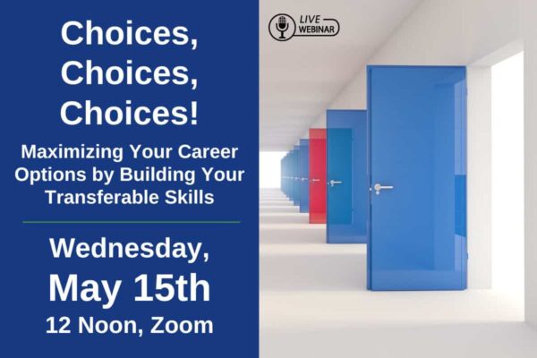 A corridor with open doors, all blue except the third is red is on the right side of a poster titled "Choices, Choices, Choices!"