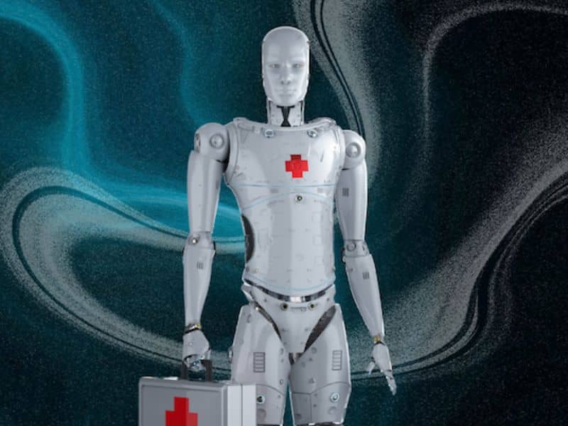 A gray robot that looks like a human with a red cross in the center of its chest. It is also carrying a metal briefcase with a red cross on it.