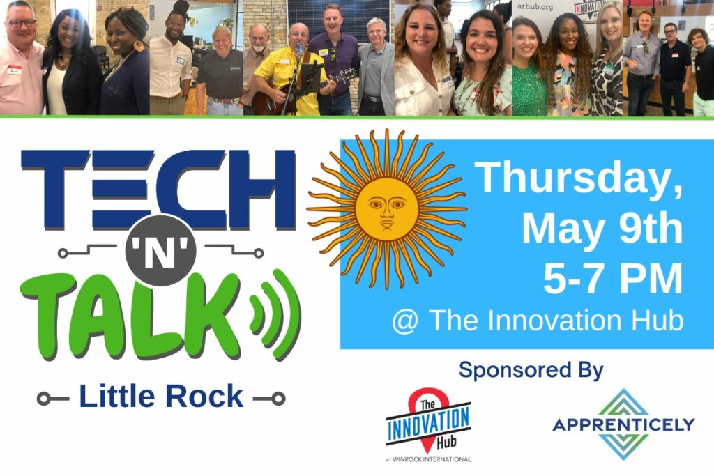 Tech 'N' Talk Little Rock collage with pictures from the event and the poster detailing the date, time, and sponsors.